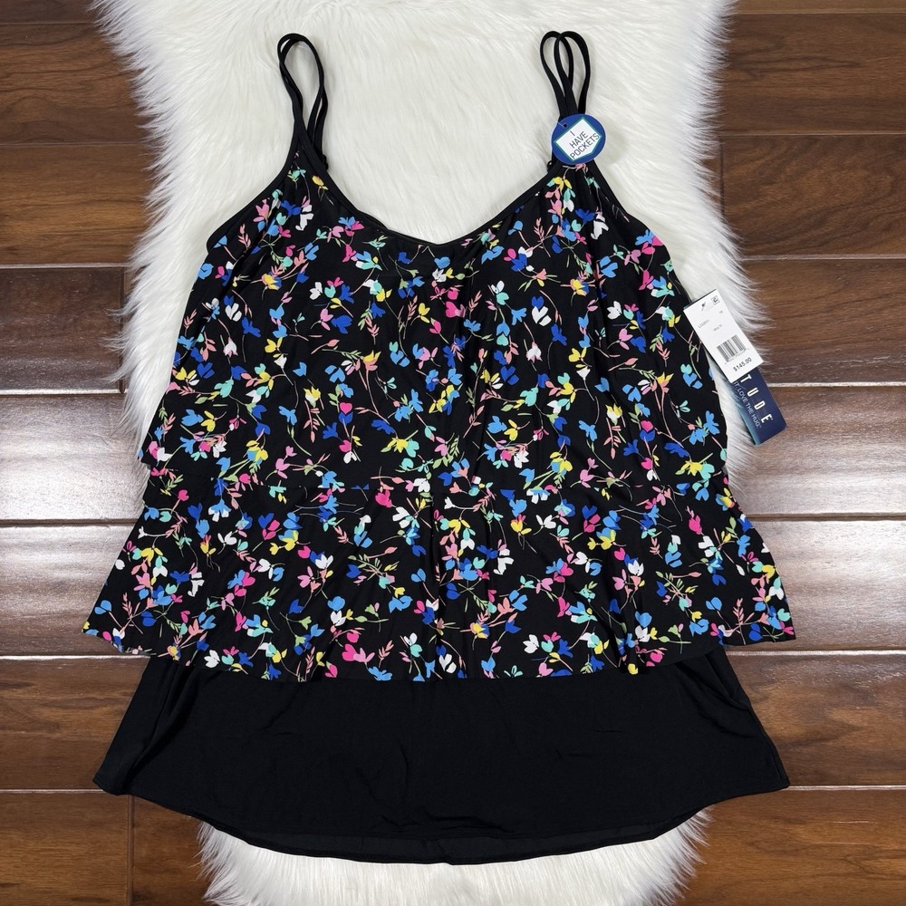 Longitude Women's Size 18 Black Floral Skirtini Swim Suit Dress One Piece‎